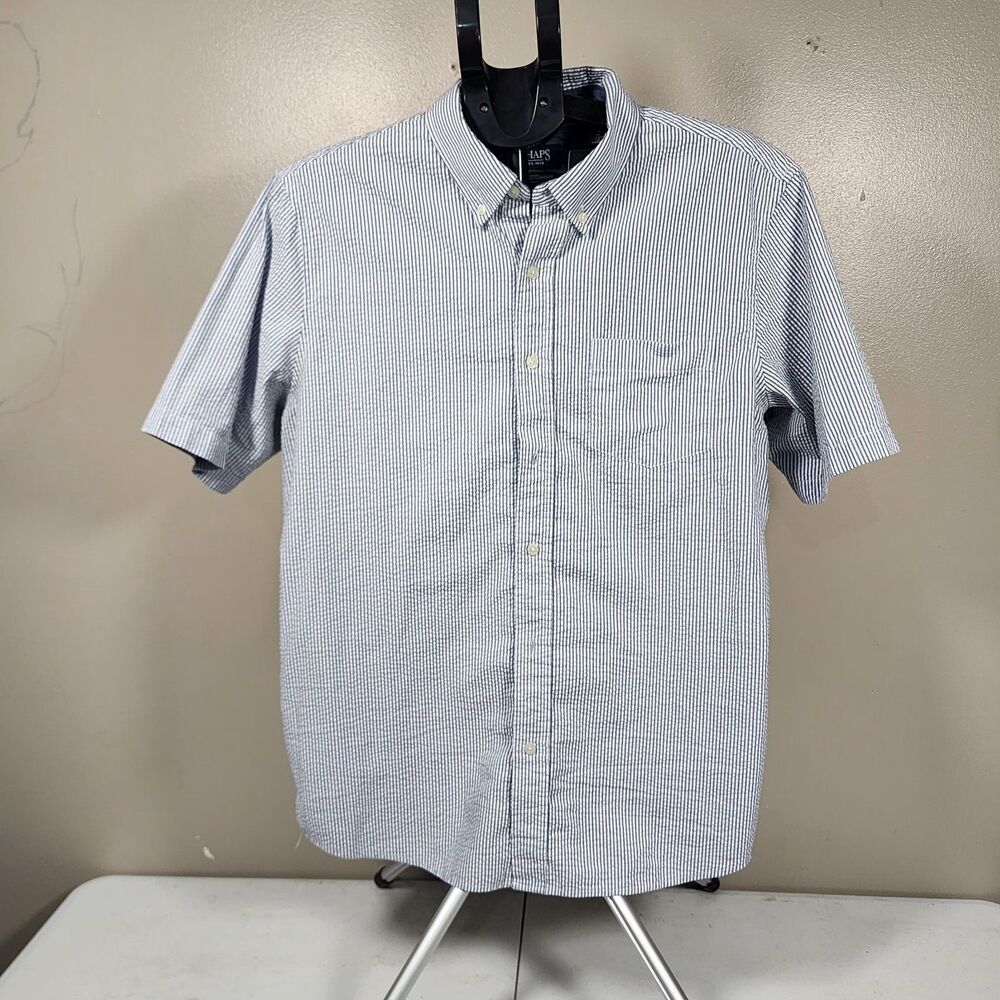 Chaps Seacoast Wash Shirt Mens Large Blue White Vertical Stripe Short Sleeve